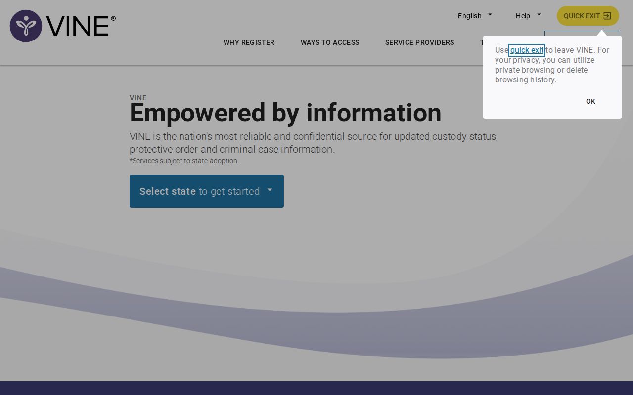 VINELink search interface for a Hawkins County inmate custody check