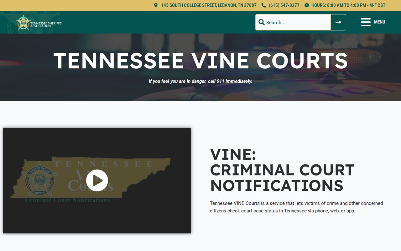 Tennessee VINE Courts information for Hawkins County case notifications
