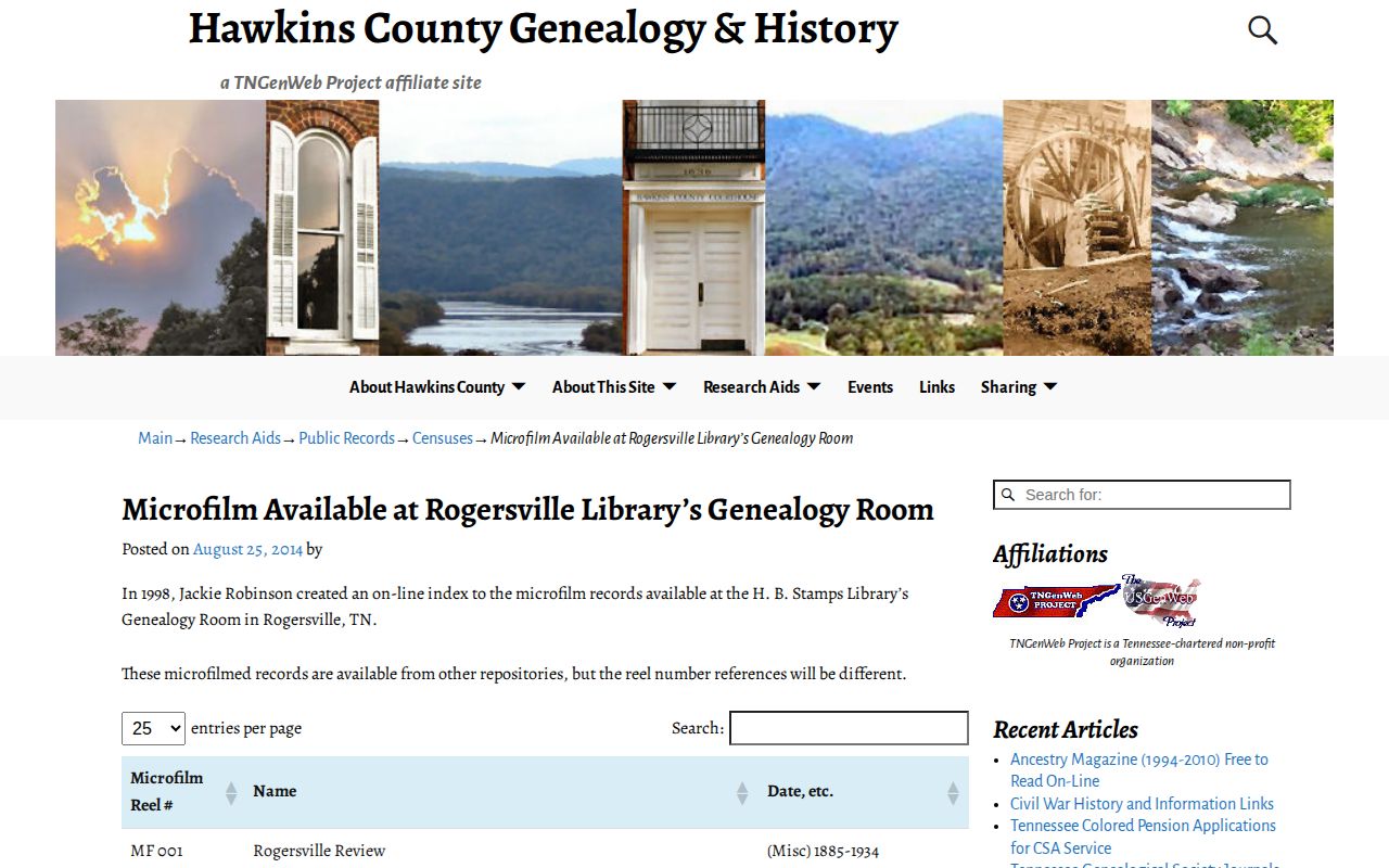 Rogersville library microfilm guide for historical Hawkins arrest and court research